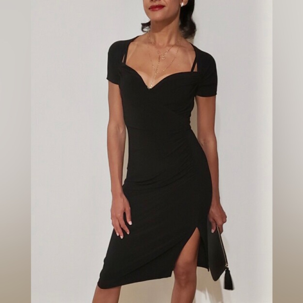 NORMA KAMALI Revolve Sweetheart Side Drape Bodycon Midi Little Black Black Dress